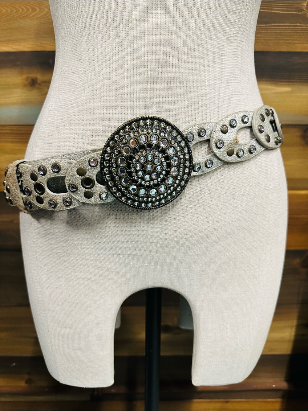 Vintage Leather Concho Belt Crystal Buckle Studded Drop Waist Adjustable Boho